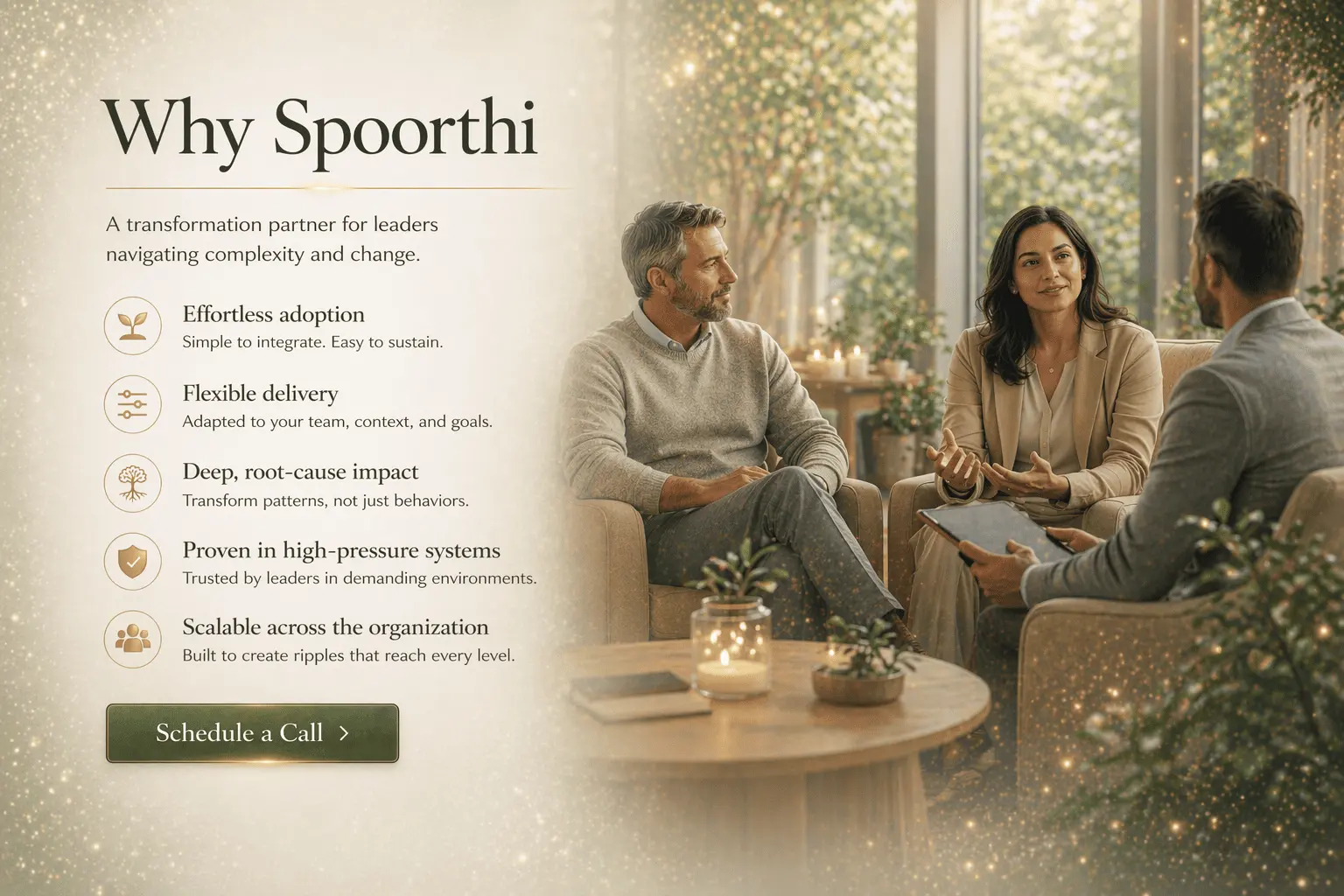 Illustration explaining why organizations choose Spoorthi Wellness, highlighting a science-informed, experience-based approach that combines Alpha Healing Meditations, structured learning journeys and practical workplace application to create lasting personal and organizational transformation.